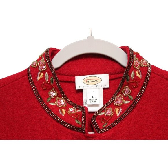 Talbots Jacket Size Large Petite 100% Wool Red Classic Embroidered Sequin Beaded - Picture 8 of 15